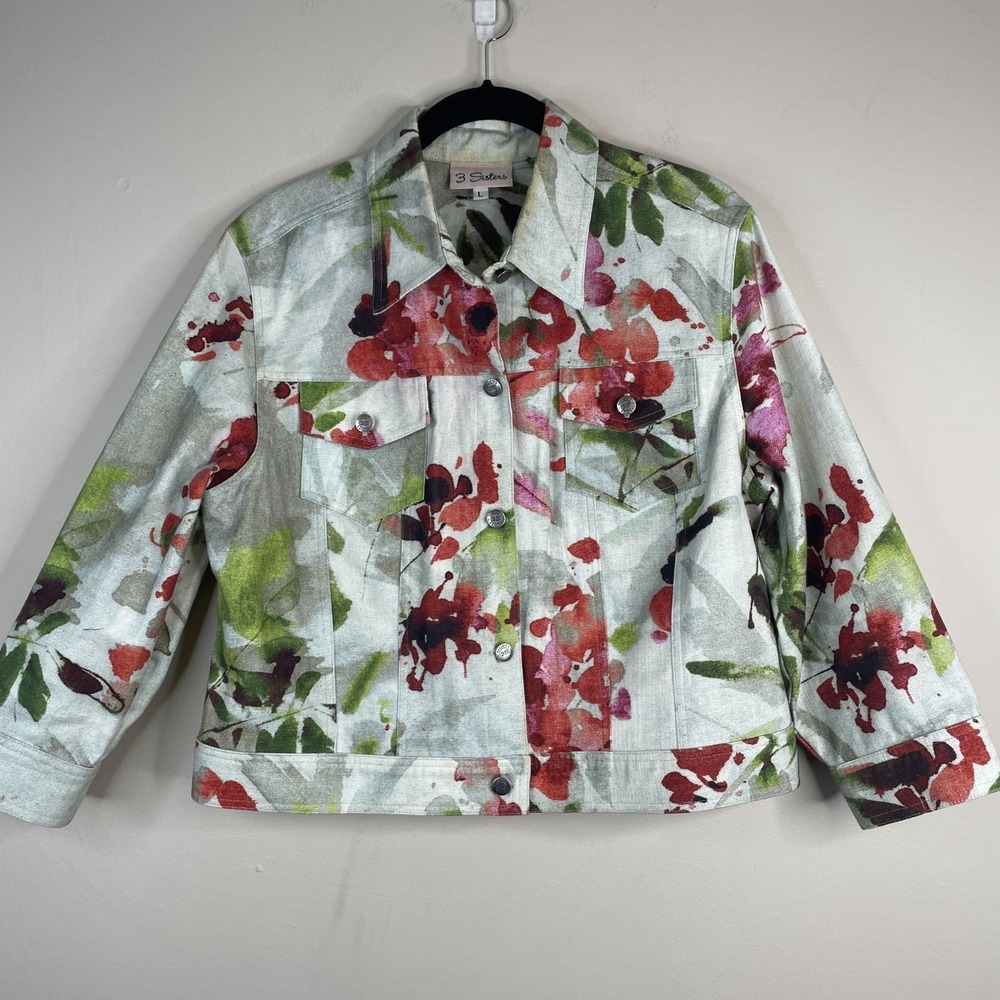 3 Sisters Art To Wear Jacket Large Leaf Print Floral Nature Statement Limited